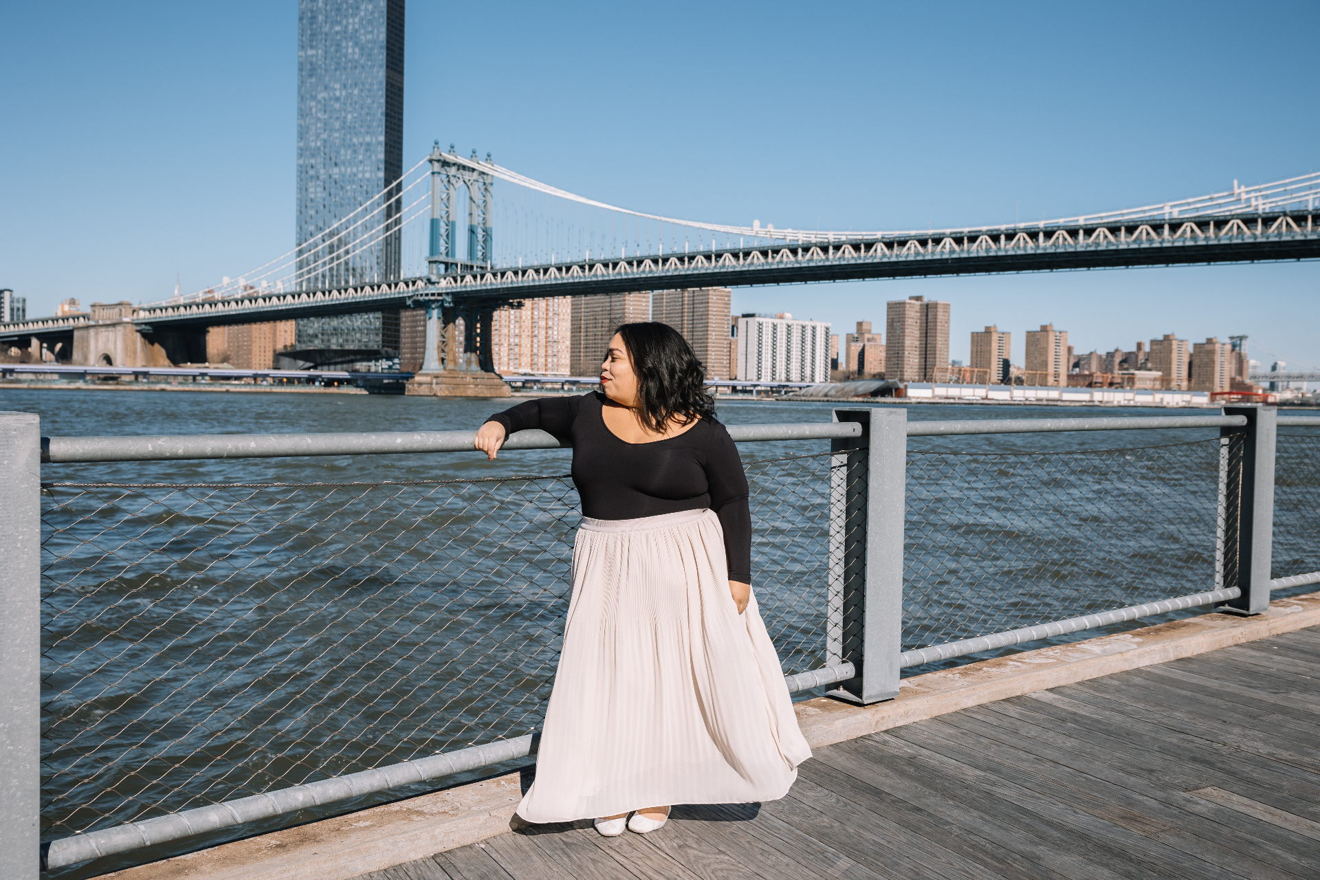 Natalie by the East River with the Manhattan Bridge in the background